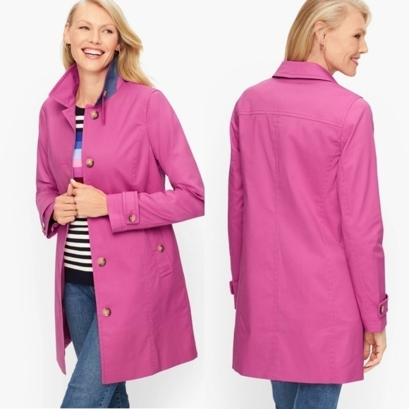 Talbots Contrast Detail All Weather Mac Fuschia Barbiecore Barbie Pink Peacoat L - Picture 1 of 10